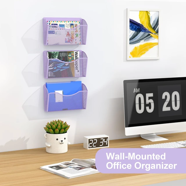 Alt view image 3 of 7 - Wall File Organizer, Metal Mesh Hanging File Folder Holder for Letter/A4 Size Folders, Vertical Wall Mount Mail Sorter for Office Paperwork, Classroom, Purple