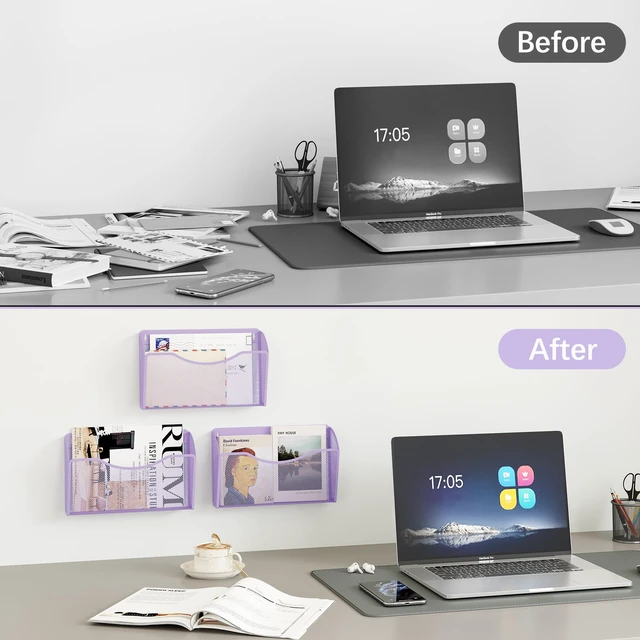 Alt view image 4 of 7 - Wall File Organizer, Metal Mesh Hanging File Folder Holder for Letter/A4 Size Folders, Vertical Wall Mount Mail Sorter for Office Paperwork, Classroom, Purple