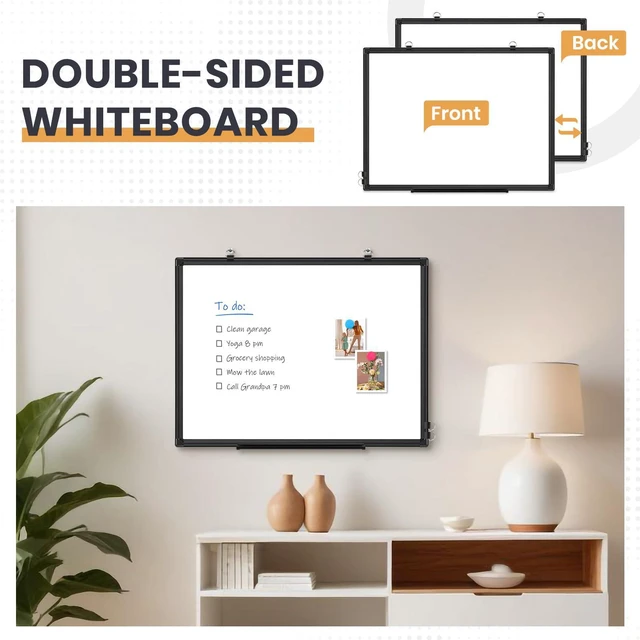 Alt view image 2 of 7 - Double-Sided White Board 24x18 Dry Erase Magnetic for Wall Black Smooth Writing Easy Clean, Magnetic Whiteboard for Wall, Double-Sided Dry Erase, Aluminum Frame, Home Office School