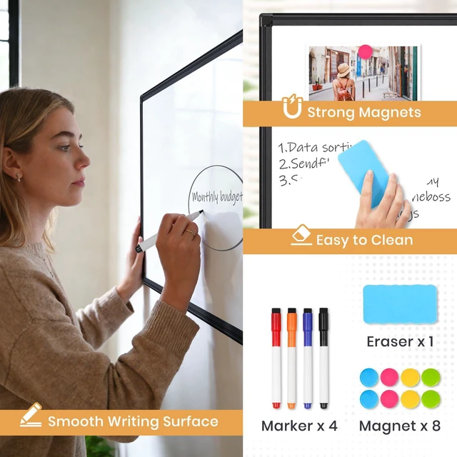 Alt view image 4 of 7 - Double-Sided White Board 24x18 Dry Erase Magnetic for Wall Black Smooth Writing Easy Clean, Magnetic Whiteboard for Wall, Double-Sided Dry Erase, Aluminum Frame, Home Office School