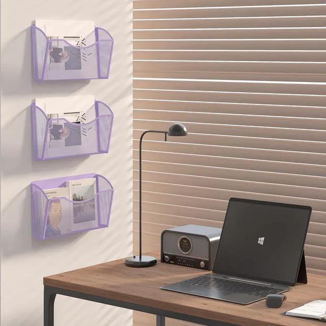 Alt view image 5 of 7 - Wall File Organizer, Metal Mesh Hanging File Folder Holder for Letter/A4 Size Folders, Vertical Wall Mount Mail Sorter for Office Paperwork, Classroom, Purple