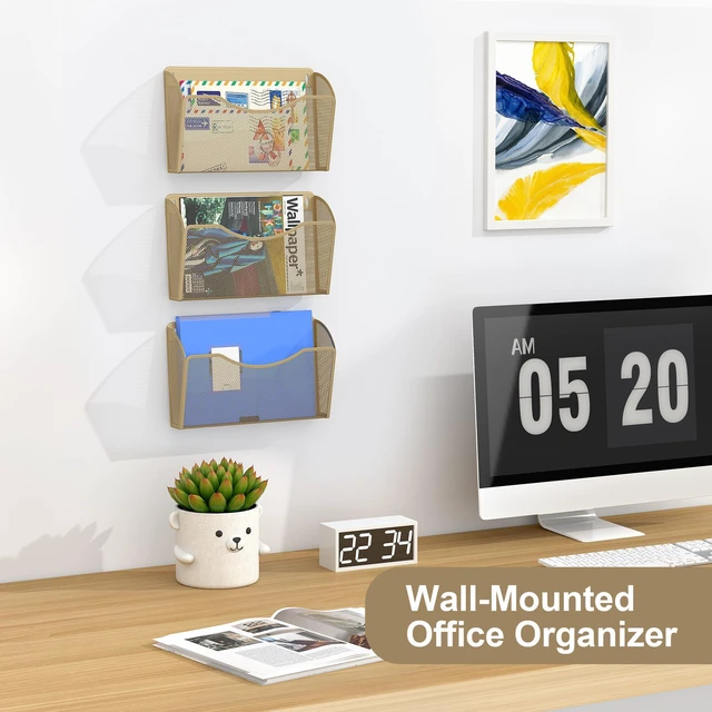 Alt view image 3 of 7 - Wall File Organizer, Metal Mesh Hanging File Folder Holder for Letter/A4 Size Folders, Vertical Wall Mount Mail Sorter for Office Paperwork, Classroom, Gold