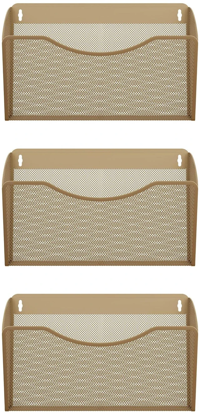Alt view image 2 of 7 - Wall File Organizer, Metal Mesh Hanging File Folder Holder for Letter/A4 Size Folders, Vertical Wall Mount Mail Sorter for Office Paperwork, Classroom, Gold