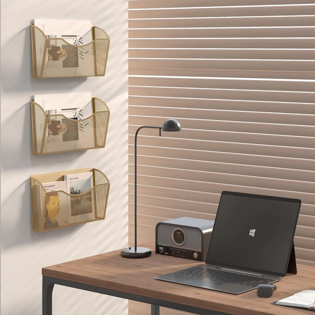Alt view image 5 of 7 - Wall File Organizer, Metal Mesh Hanging File Folder Holder for Letter/A4 Size Folders, Vertical Wall Mount Mail Sorter for Office Paperwork, Classroom, Gold