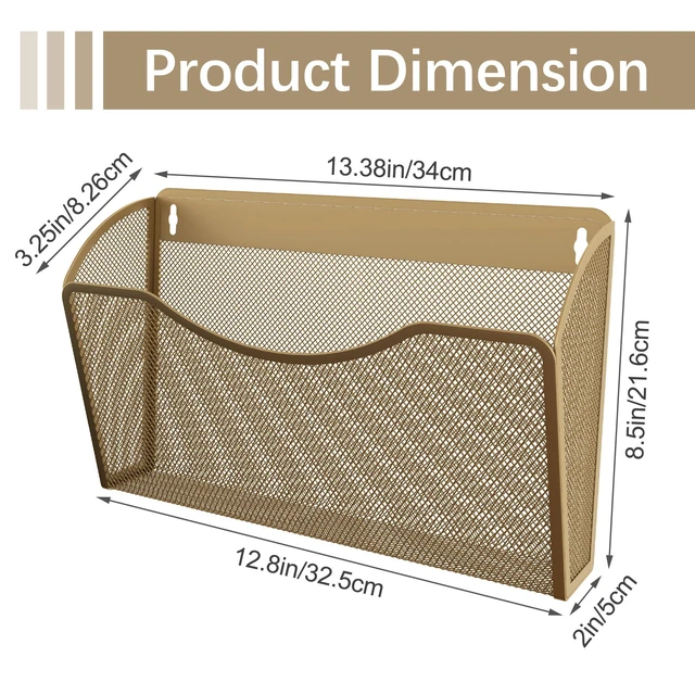 Alt view image 7 of 7 - Wall File Organizer, Metal Mesh Hanging File Folder Holder for Letter/A4 Size Folders, Vertical Wall Mount Mail Sorter for Office Paperwork, Classroom, Gold