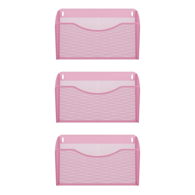 Alt view image 2 of 7 - Wall File Organizer, Metal Mesh Hanging File Folder Holder for Letter/A4 Size Folders, Vertical Wall Mount Mail Sorter for Office Paperwork, Classroom, Pink