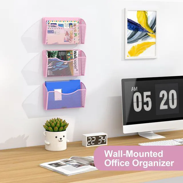 Alt view image 3 of 7 - Wall File Organizer, Metal Mesh Hanging File Folder Holder for Letter/A4 Size Folders, Vertical Wall Mount Mail Sorter for Office Paperwork, Classroom, Pink