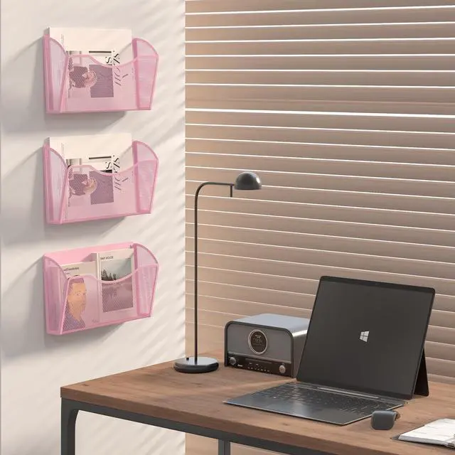 Alt view image 5 of 7 - Wall File Organizer, Metal Mesh Hanging File Folder Holder for Letter/A4 Size Folders, Vertical Wall Mount Mail Sorter for Office Paperwork, Classroom, Pink