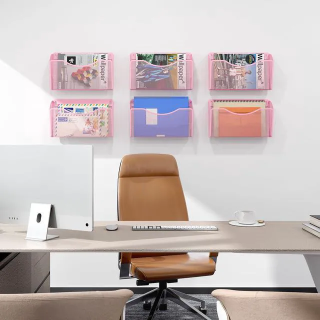 Alt view image 6 of 7 - Wall File Organizer, Metal Mesh Hanging File Folder Holder for Letter/A4 Size Folders, Vertical Wall Mount Mail Sorter for Office Paperwork, Classroom, Pink