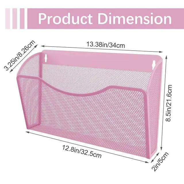 Alt view image 7 of 7 - Wall File Organizer, Metal Mesh Hanging File Folder Holder for Letter/A4 Size Folders, Vertical Wall Mount Mail Sorter for Office Paperwork, Classroom, Pink