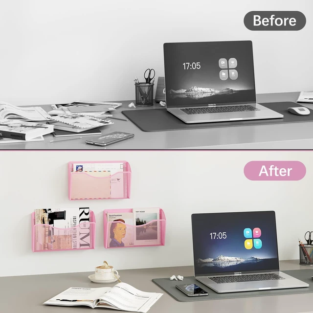 Alt view image 4 of 7 - Wall File Organizer, Metal Mesh Hanging File Folder Holder for Letter/A4 Size Folders, Vertical Wall Mount Mail Sorter for Office Paperwork, Classroom, Pink