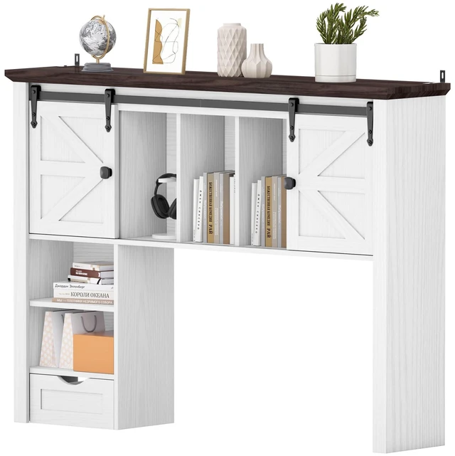 Main image of Large Desktop Bookshelf, 47.2''W Desk Shelf with Sliding Barn Door, Desktop Organizer Storage Rack with 7 Cubbies and Drawer, Desk Shelf for Office, Dorm, Vanity, White