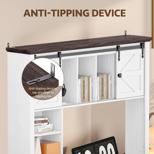 Alt view image 6 of 7 - Large Desktop Bookshelf, 47.2" Desk Shelf with Sliding Barn Door Makeup Storage Rack Desktop Organizer Storage Rack with 7 Cubbies and Drawer Desk Shelf for Office, Dorm, Vanity, Home, White