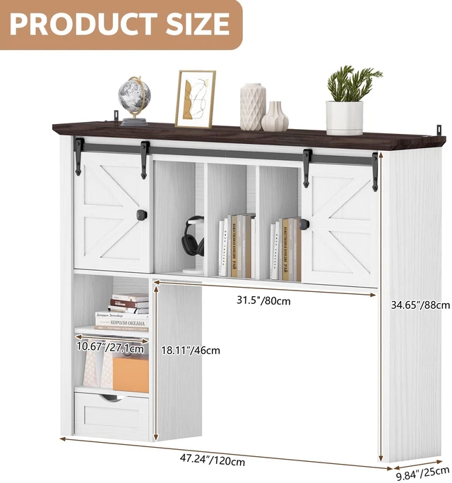 Alt view image 2 of 5 - Large Desktop Bookshelf, 47.2''W Desk Shelf with Sliding Barn Door, Desktop Organizer Storage Rack with 7 Cubbies and Drawer, Desk Shelf for Office, Dorm, Vanity, White