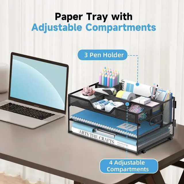 Alt view image 2 of 7 - 3 Tier Desk Organizer with Pen Holders and Paper Trays, Black Paper organizer for desk with pen holders, adjustable compartments and paper trays stores files and supplies at home or work