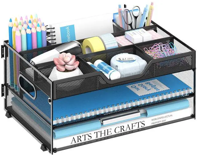 Main image of 3 Tier Desk Organizer with Pen Holders and Paper Trays, Black Paper organizer for desk with pen holders, adjustable compartments and paper trays stores files and supplies at home or work