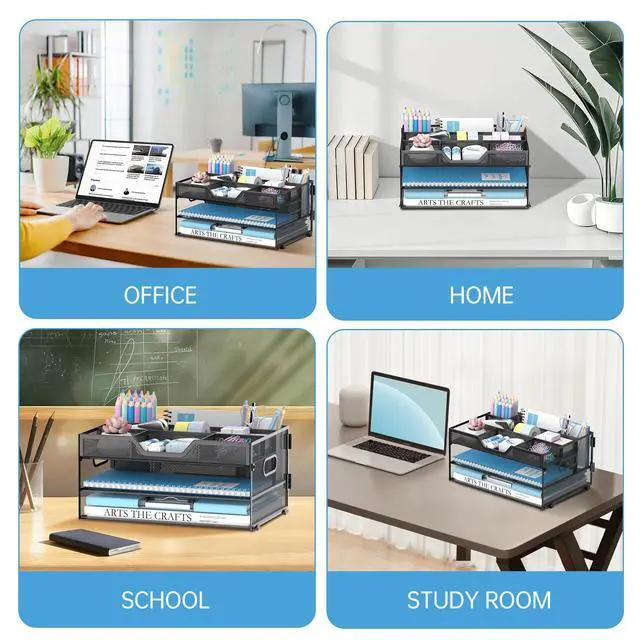 Alt view image 4 of 7 - 3 Tier Desk Organizer with Pen Holders and Paper Trays, Black Paper organizer for desk with pen holders, adjustable compartments and paper trays stores files and supplies at home or work