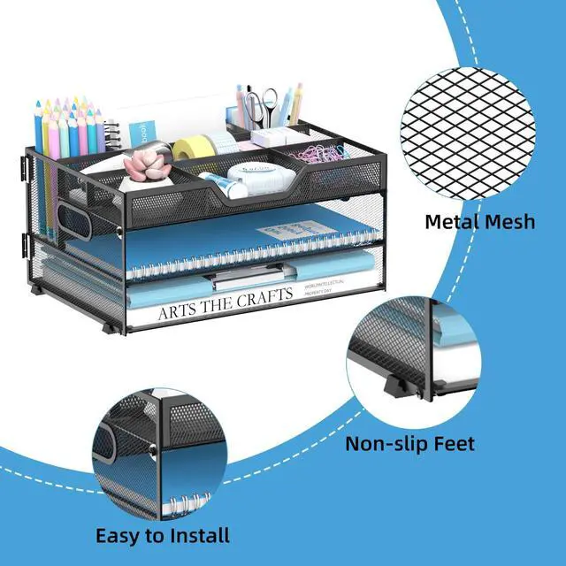 Alt view image 5 of 7 - 3 Tier Desk Organizer with Pen Holders and Paper Trays, Black Paper organizer for desk with pen holders, adjustable compartments and paper trays stores files and supplies at home or work
