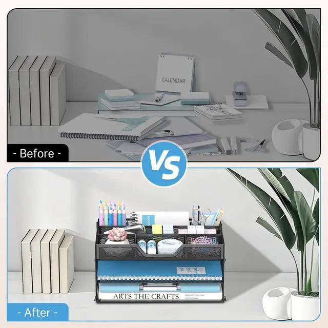 Alt view image 6 of 7 - 3 Tier Desk Organizer with Pen Holders and Paper Trays, Black Paper organizer for desk with pen holders, adjustable compartments and paper trays stores files and supplies at home or work