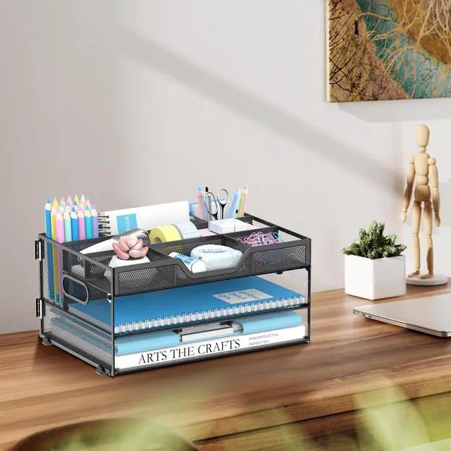 Alt view image 7 of 7 - 3 Tier Desk Organizer with Pen Holders and Paper Trays, Black Paper organizer for desk with pen holders, adjustable compartments and paper trays stores files and supplies at home or work