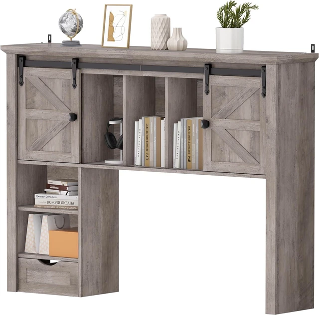 Main image of Large Desktop Bookshelf Desktop Organizer Storage Rack with 7 Cubbies and Drawer, Home, Desk Shelf for Office, Dorm, Vanity, Oak Grey