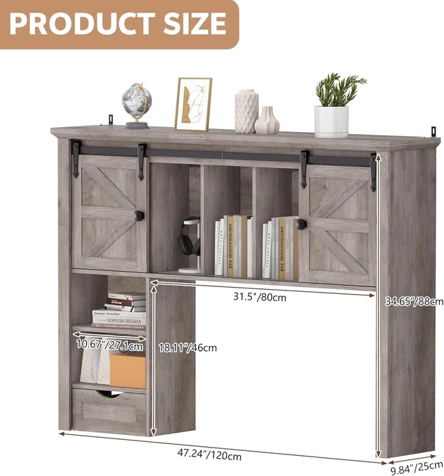 Alt view image 2 of 7 - Large Desktop Bookshelf with Sliding Barn Door, 47.2''W Desk Shelf Display Rack, Desktop Organizer Storage Rack with 7 Cubbies and Drawer, Home, Desk Shelf for Office, Dorm, Vanity, Oak