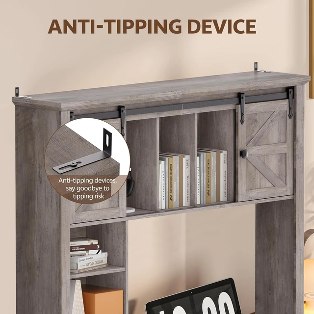 Alt view image 5 of 7 - Large Desktop Bookshelf with Sliding Barn Door, 47.2''W Desk Shelf Display Rack, Desktop Organizer Storage Rack with 7 Cubbies and Drawer, Home, Desk Shelf for Office, Dorm, Vanity, Oak