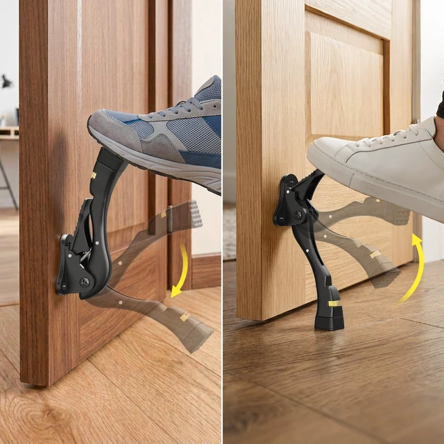 Alt view image 2 of 7 - Door Stoppers, 4 Inch Kickdown Door Stop for Bottom of Door, Black, 4 Pack Adjustable Height Door Stops with Rubber, Door Holder for Heavy Duty and Usual Home Door, Kickdown Doorstopper