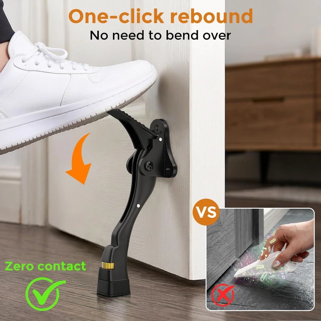 Alt view image 3 of 7 - Door Stoppers, 4 Inch Kickdown Door Stop for Bottom of Door, Black, 4 Pack Adjustable Height Door Stops with Rubber, Door Holder for Heavy Duty and Usual Home Door, Kickdown Doorstopper