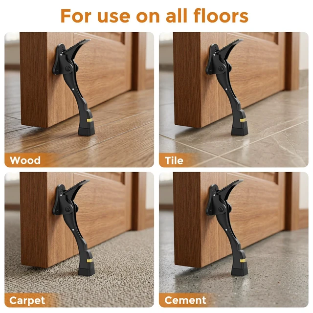 Alt view image 6 of 7 - Door Stoppers, 4 Inch Kickdown Door Stop for Bottom of Door, Black, 4 Pack Adjustable Height Door Stops with Rubber, Door Holder for Heavy Duty and Usual Home Door, Kickdown Doorstopper