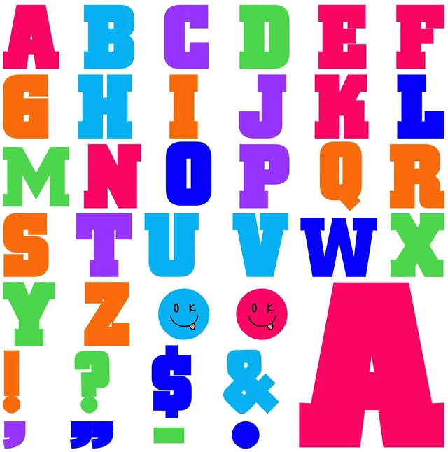 Main image of 136 Pcs 12 in Extra Large Bulletin Board Letter Bright Classroom Wall Decor Giant Alphabet Letter Cutout, Neon Smile Face, Big Sticker, Punctuation with Adhesive Dot, Rainbow Classroom School Decor