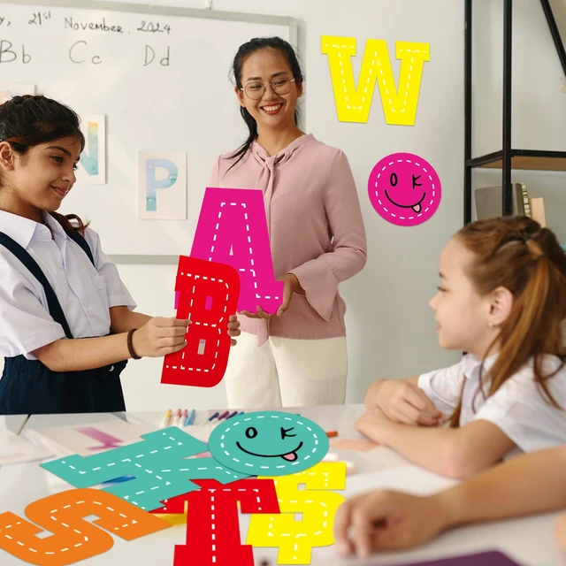 Alt view image 4 of 6 - 136 Pcs 12 in Extra Large Bulletin Board Letter Bright Classroom Wall Decor Giant Alphabet Letter Cutout, Colorful Stitched, Big Sticker, Punctuation with Adhesive Dot, Rainbow Poster School Decor