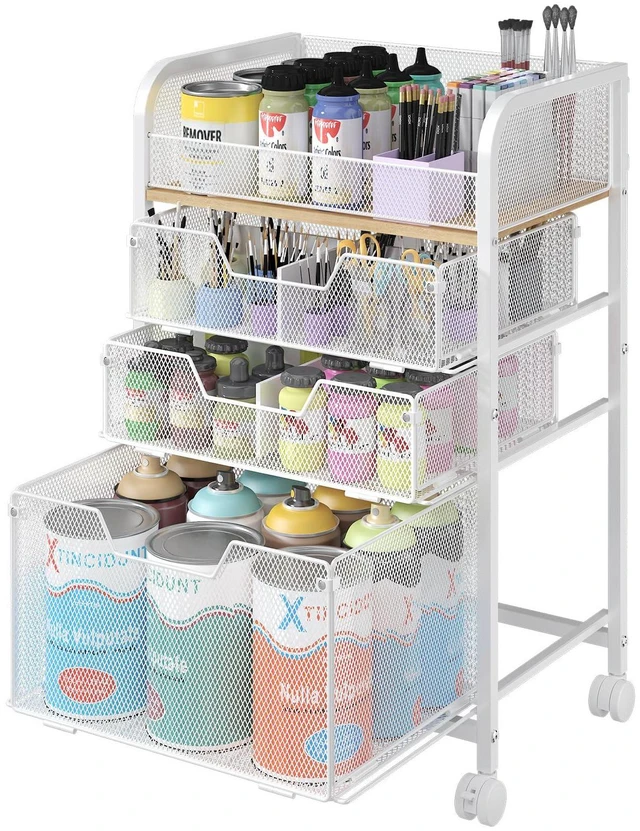 Main image of 4-Tier Rolling Utility Cart with 3 Drawers-White Craft Organizers and Storage with DIY Dividers, Under Desk Cart with Lockable Wheels, Craft Cart Art Cart for Brushes Artifacts Patent Pending