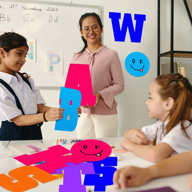 Alt view image 4 of 6 - 136 Pcs 12 in Extra Large Bulletin Board Letter Bright Classroom Wall Decor Giant Alphabet Letter Cutout, Neon Smile Face, Big Sticker, Punctuation with Adhesive Dot, Rainbow Classroom School Decor