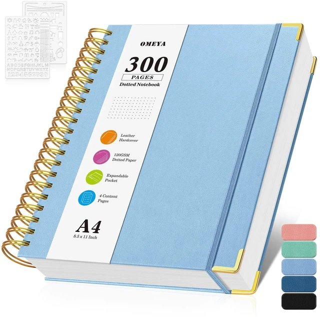 Main image of Bullet Dotted Journal Notebook, 300 Pages Leather Notebooks with Contens 120 GSM Thick No Bleed Through Paper Journals, A4 Dot Grid Spiral Notebook for Women Men Work Writing, 8.5" x 11", Light Blue