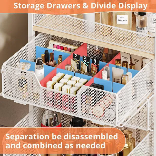 Alt view image 2 of 7 - 4-Tier Rolling Utility Cart with 3 Drawers-White Craft Organizers and Storage with DIY Dividers, Under Desk Cart with Lockable Wheels, Craft Cart Art Cart for Brushes Artifacts Patent Pending