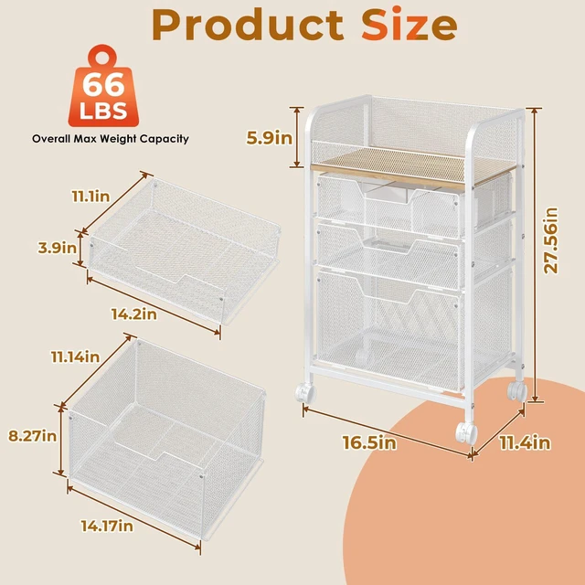 Alt view image 3 of 7 - 4-Tier Rolling Utility Cart with 3 Drawers-White Craft Organizers and Storage with DIY Dividers, Under Desk Cart with Lockable Wheels, Craft Cart Art Cart for Brushes Artifacts Patent Pending