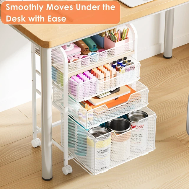 Alt view image 4 of 7 - 4-Tier Rolling Utility Cart with 3 Drawers-White Craft Organizers and Storage with DIY Dividers, Under Desk Cart with Lockable Wheels, Craft Cart Art Cart for Brushes Artifacts Patent Pending