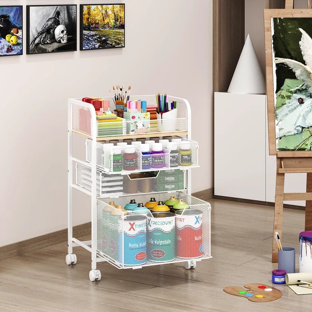 Alt view image 6 of 7 - 4-Tier Rolling Utility Cart with 3 Drawers-White Craft Organizers and Storage with DIY Dividers, Under Desk Cart with Lockable Wheels, Craft Cart Art Cart for Brushes Artifacts Patent Pending