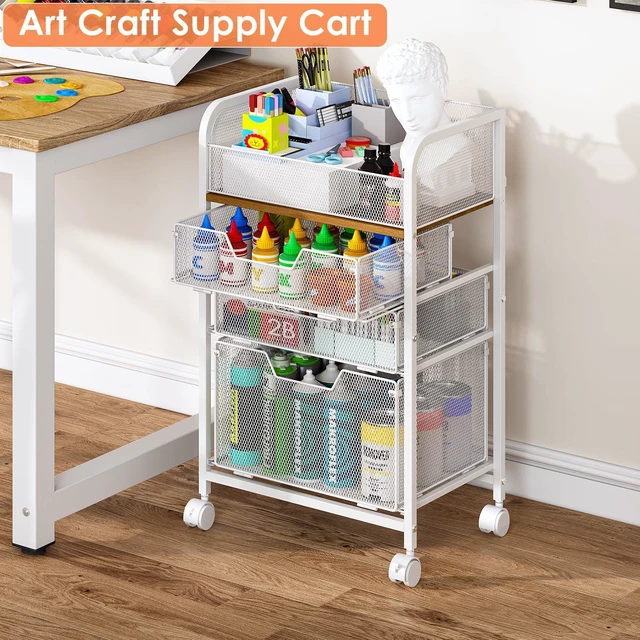 Alt view image 5 of 7 - 4-Tier Rolling Utility Cart with 3 Drawers-White Craft Organizers and Storage with DIY Dividers, Under Desk Cart with Lockable Wheels, Craft Cart Art Cart for Brushes Artifacts Patent Pending