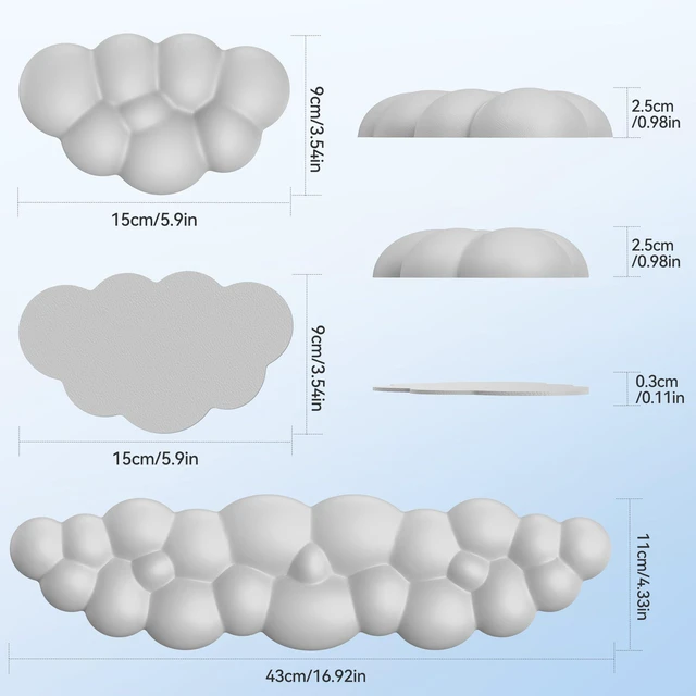 Alt view image 2 of 7 - Cloud Keyboard Wrist Rest Set, Cloud Wrist Rest with Non-Slip Base, PU Leather Wrist Pad for Keyboard with Ergonomic Memory Foam for Computer Laptop Office Gaming and Pain Relief, Grey