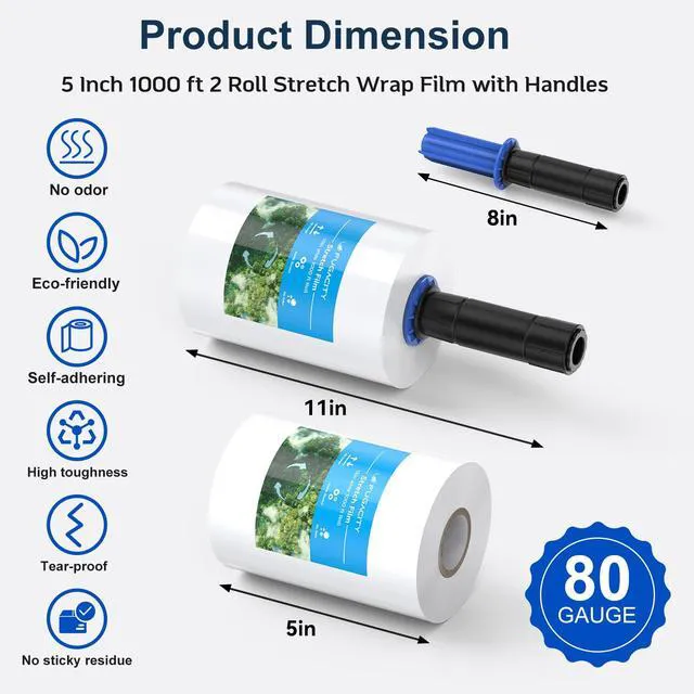 Alt view image 2 of 6 - Stretch Wrap Film-5 in 1000 FT 80 Gauge Shrink Wrap for Furniture Wrapping Shipping, Moving Supplies Clear Plastic Wrap, Heavy Duty Industrial Strength,650% Stretch(6 Roll with Handles)