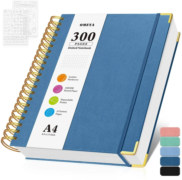 Main image of Bullet Dotted Journal Notebook, 300 Pages Leather Notebooks with Contens 120 GSM Thick No Bleed Through Paper Journals, A4 Dot Grid Spiral Notebook for Women Men Work Writing, 8.5" x 11", Dark Blue