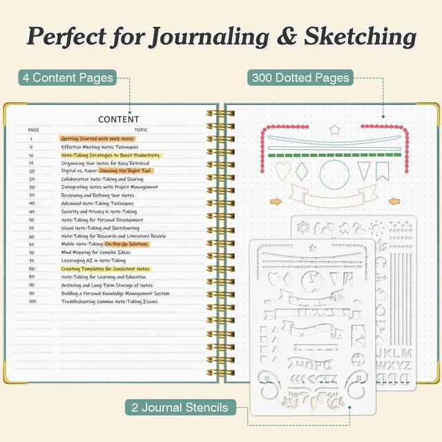 Alt view image 3 of 6 - Bullet Dotted Journal Notebook, 300 Pages Leather Notebooks with Contens 120 GSM Thick No Bleed Through Paper Journals, A4 Dot Grid Spiral Notebook for Women Men Work Writing, 8.5" x 11", Light Blue