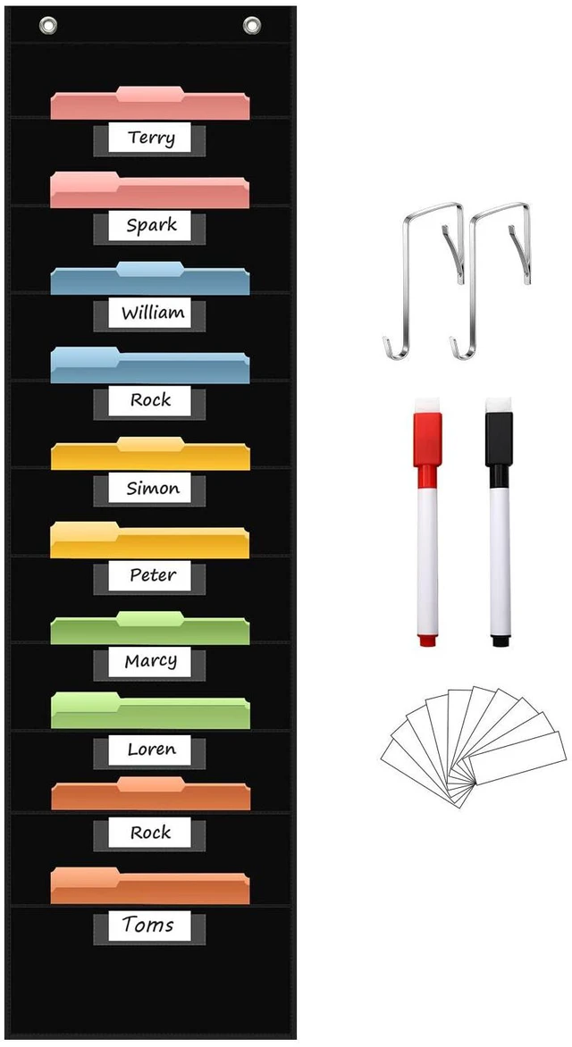 Main image of 10 Pocket Hanging Wall File Organizer with 10 Nametag Pockets, File Pocket Chart for Classroom and Office. Perfectly Stores Assignments, Files, Scrapbooks, and Documents
