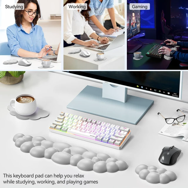 Alt view image 7 of 7 - Cloud Keyboard Wrist Rest Set, Cloud Wrist Rest with Non-Slip Base, PU Leather Wrist Pad for Keyboard with Ergonomic Memory Foam for Computer Laptop Office Gaming and Pain Relief, Grey