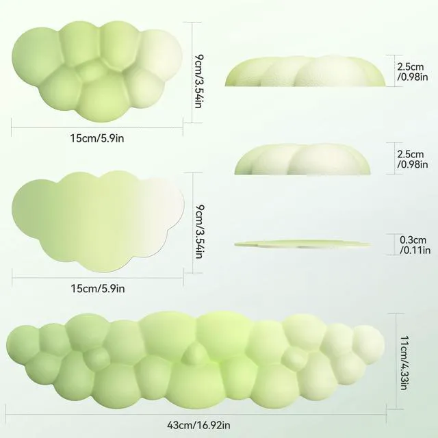 Alt view image 2 of 7 - Cloud Keyboard Wrist Rest Set, Cloud Wrist Rest with Non-Slip Base, PU Leather Wrist Pad for Keyboard with Ergonomic Memory Foam for Computer Laptop Gaming & Pain Relief, Gradient Green