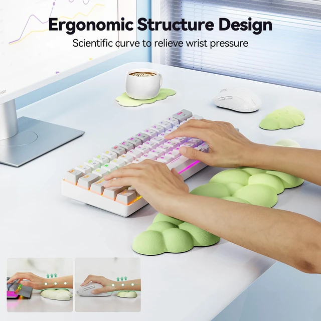 Alt view image 3 of 7 - Cloud Keyboard Wrist Rest Set, Cloud Wrist Rest with Non-Slip Base, PU Leather Wrist Pad for Keyboard with Ergonomic Memory Foam for Computer Laptop Gaming & Pain Relief, Gradient Green