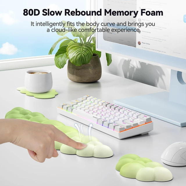 Alt view image 4 of 7 - Cloud Keyboard Wrist Rest Set, Cloud Wrist Rest with Non-Slip Base, PU Leather Wrist Pad for Keyboard with Ergonomic Memory Foam for Computer Laptop Gaming & Pain Relief, Gradient Green