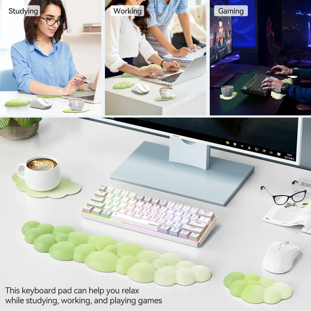 Alt view image 7 of 7 - Cloud Keyboard Wrist Rest Set, Cloud Wrist Rest with Non-Slip Base, PU Leather Wrist Pad for Keyboard with Ergonomic Memory Foam for Computer Laptop Gaming & Pain Relief, Gradient Green